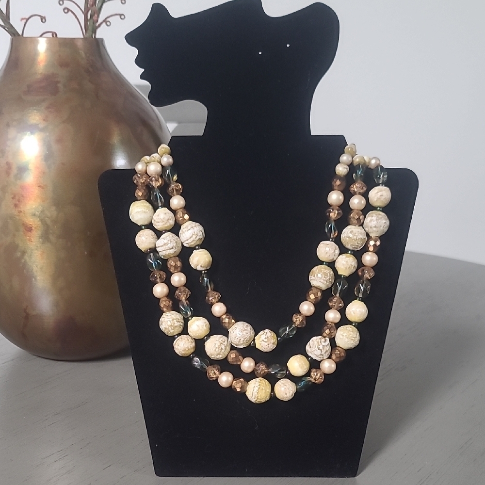 Vintage Glass Multi-Strand Cream and Gold Bead Necklace